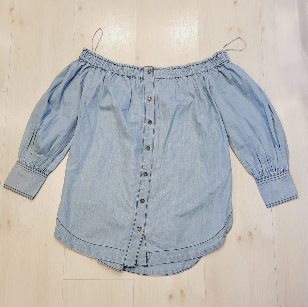 NWT Free People Tigerlily Tunic Light Wash Denim Blue Off The Shoulder Top Shirt - Picture 3 of 6